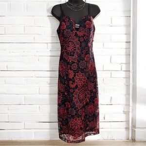 Guess NWT Size 6, Floral Lace Overlay, Full Length, Bodycon Dress, Zips Up Back